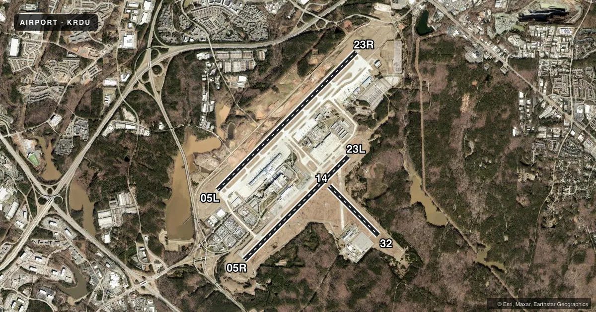 Top-down satellite sketch of KRDU RALEIGH-DURHAM INTL in RALEIGH/DURHAM, NORTH CAROLINA, showing runways 05L/23R, 05R/23L, 14/32 drawn to scale over Esri World Imagery
