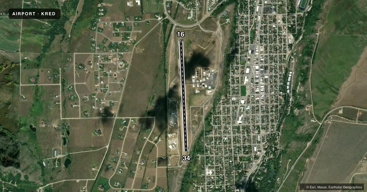 Top-down satellite sketch of KRED RED LODGE in RED LODGE, MONTANA, showing runways 16/34 drawn to scale over Esri World Imagery