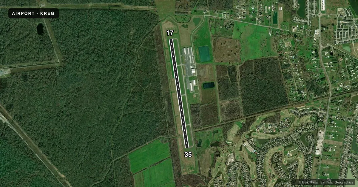 Top-down satellite sketch of KREG LOUISIANA RGNL in GONZALES, LOUISIANA, showing runways 17/35 drawn to scale over Esri World Imagery