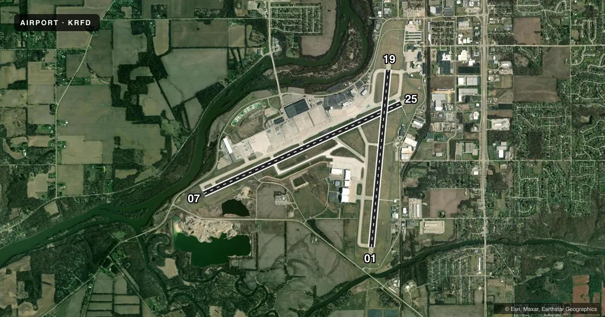Top-down satellite sketch of KRFD CHICAGO/ROCKFORD INTL in CHICAGO/ROCKFORD, ILLINOIS, showing runways 07/25, 01/19 drawn to scale over Esri World Imagery