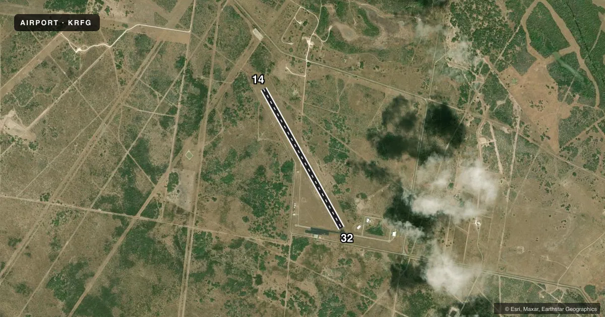Top-down satellite sketch of KRFG ROOKE FLD in REFUGIO, TEXAS, showing runways 14/32 drawn to scale over Esri World Imagery
