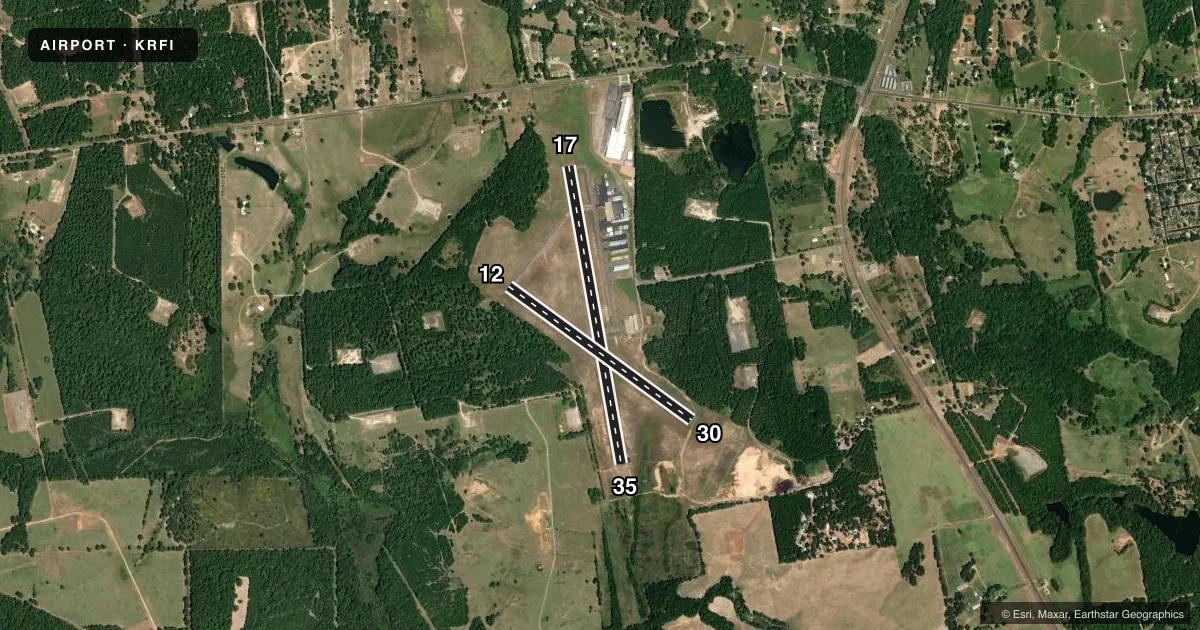 Top-down satellite sketch of KRFI RUSK COUNTY in HENDERSON, TEXAS, showing runways 17/35, 12/30 drawn to scale over Esri World Imagery