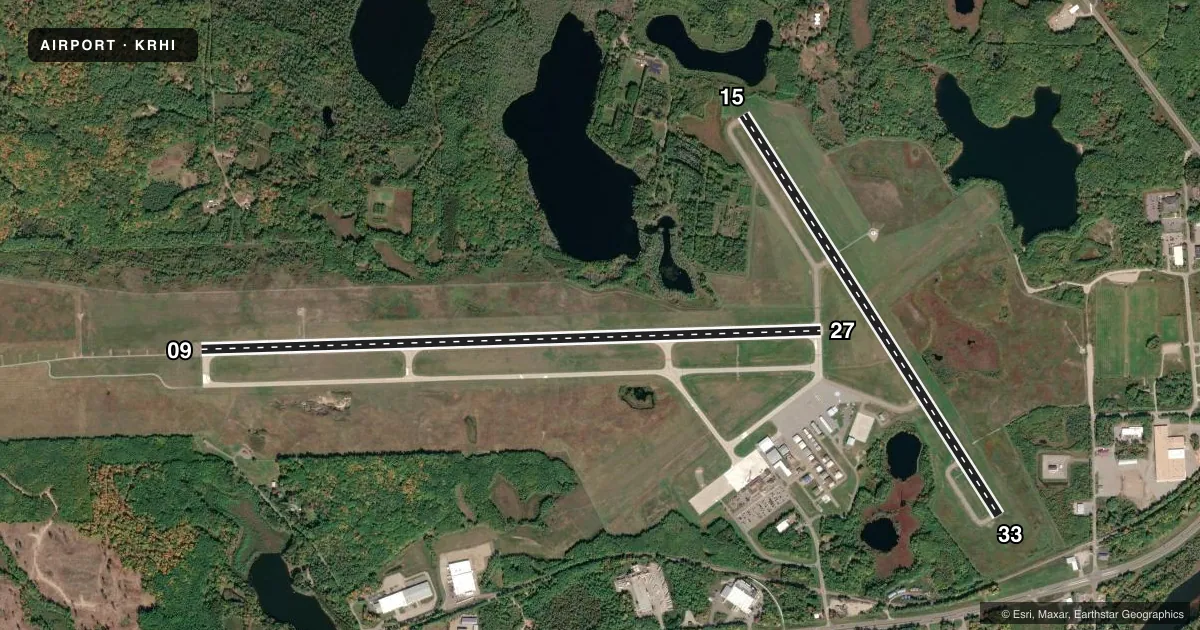 Top-down satellite sketch of KRHI RHINELANDER/ONEIDA COUNTY in RHINELANDER, WISCONSIN, showing runways 09/27, 15/33 drawn to scale over Esri World Imagery