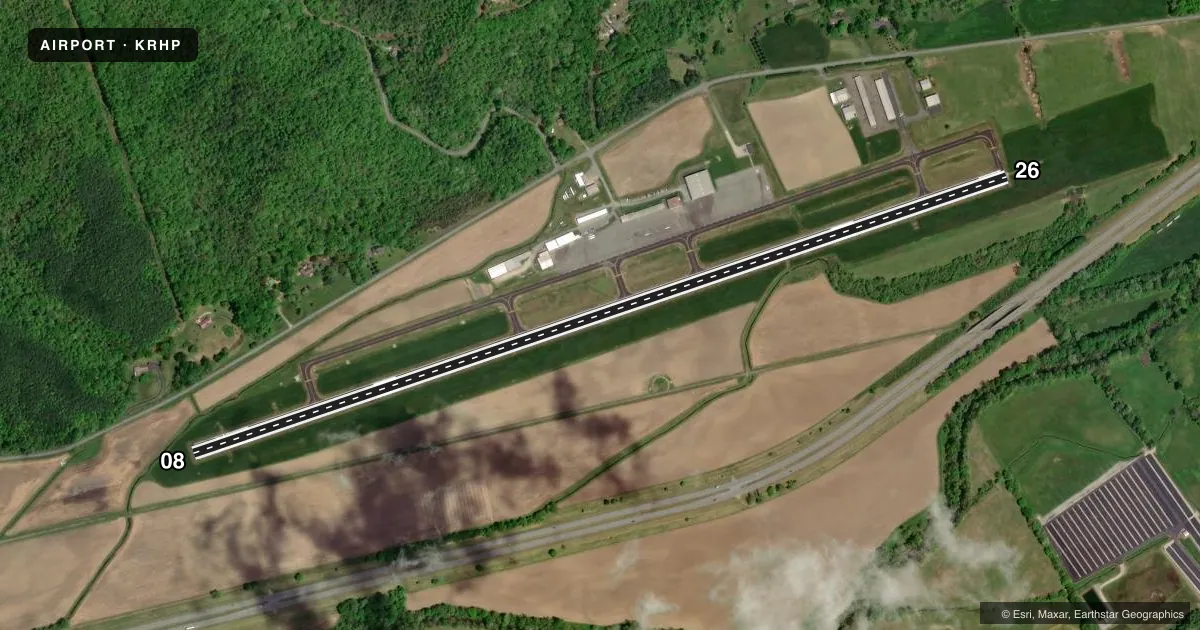 Top-down satellite sketch of KRHP WESTERN CAROLINA RGNL in ANDREWS, NORTH CAROLINA, showing runways 08/26 drawn to scale over Esri World Imagery