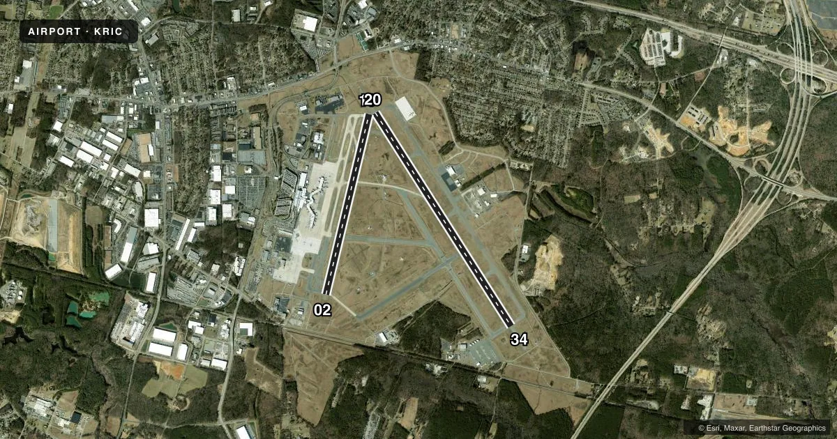 Top-down satellite sketch of KRIC RICHMOND INTL in RICHMOND, VIRGINIA, showing runways 16/34, 02/20 drawn to scale over Esri World Imagery