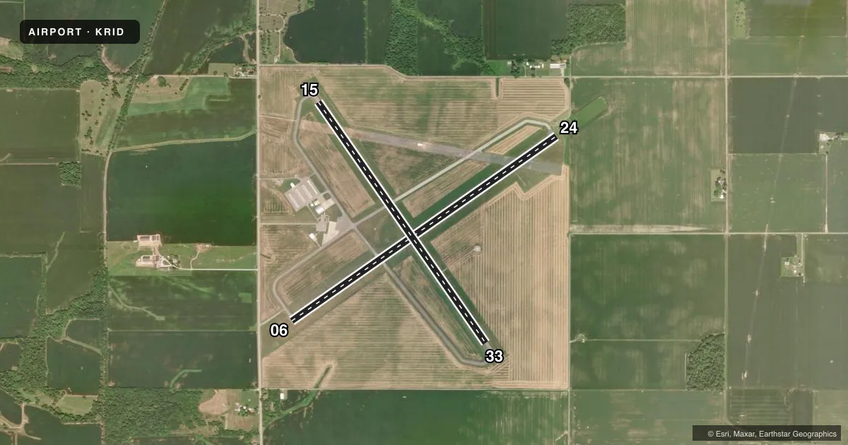 Top-down satellite sketch of KRID RICHMOND MUNI in RICHMOND, INDIANA, showing runways 06/24, 15/33 drawn to scale over Esri World Imagery