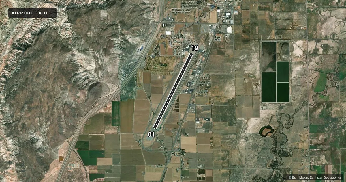 Top-down satellite sketch of KRIF RICHFIELD MUNI in RICHFIELD, UTAH, showing runways 01/19 drawn to scale over Esri World Imagery