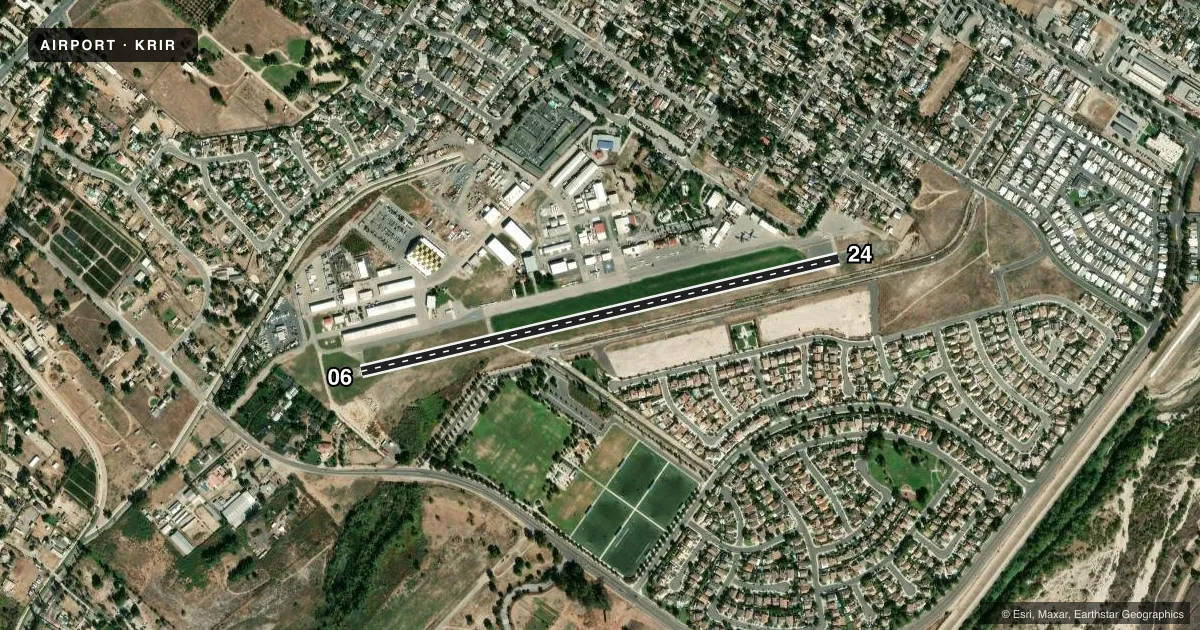 Top-down satellite sketch of KRIR FLABOB in RIVERSIDE/RUBIDOUX/, CALIFORNIA, showing runways 06/24 drawn to scale over Esri World Imagery