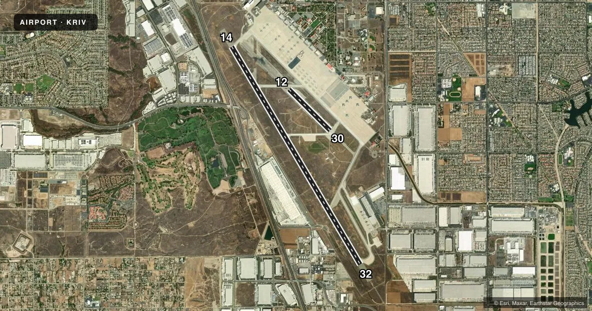 Top-down satellite sketch of KRIV MARCH ARB in RIVERSIDE, CALIFORNIA, showing runways 14/32, 12/30 drawn to scale over Esri World Imagery