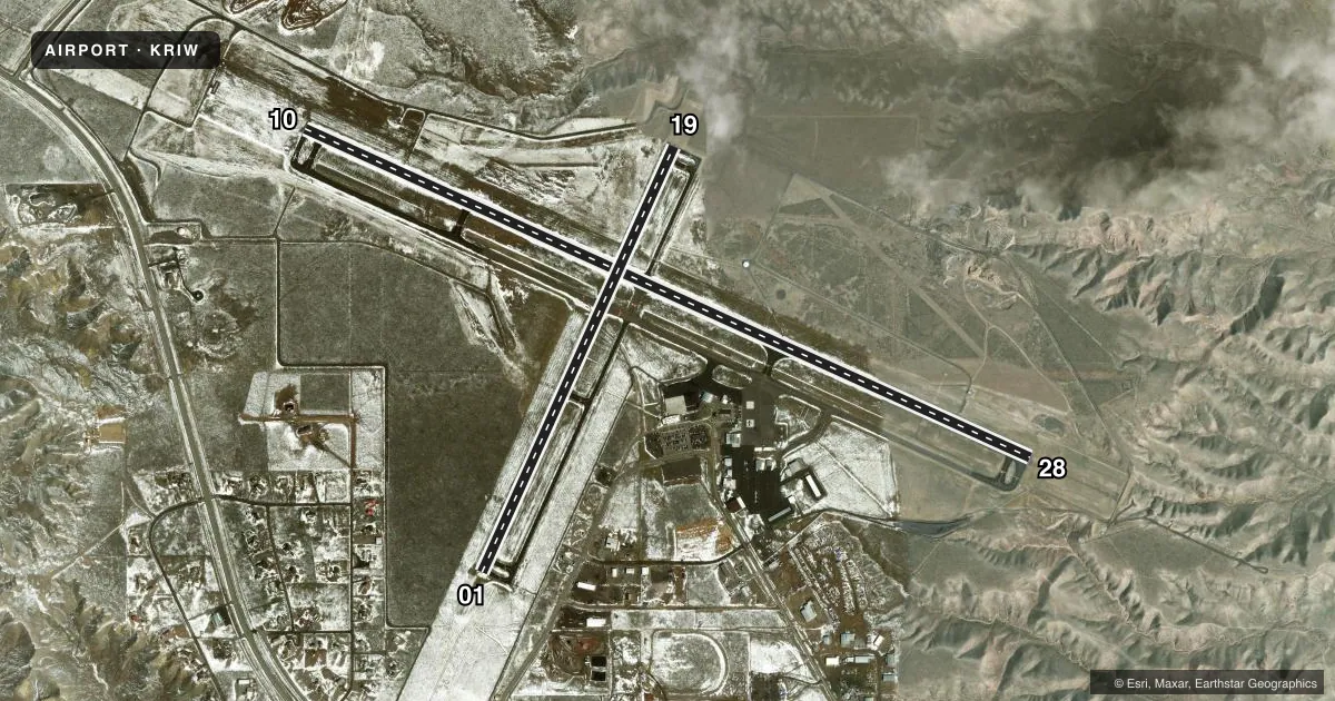 Top-down satellite sketch of KRIW CENTRAL WYOMING RGNL in RIVERTON, WYOMING, showing runways 10/28, 01/19 drawn to scale over Esri World Imagery