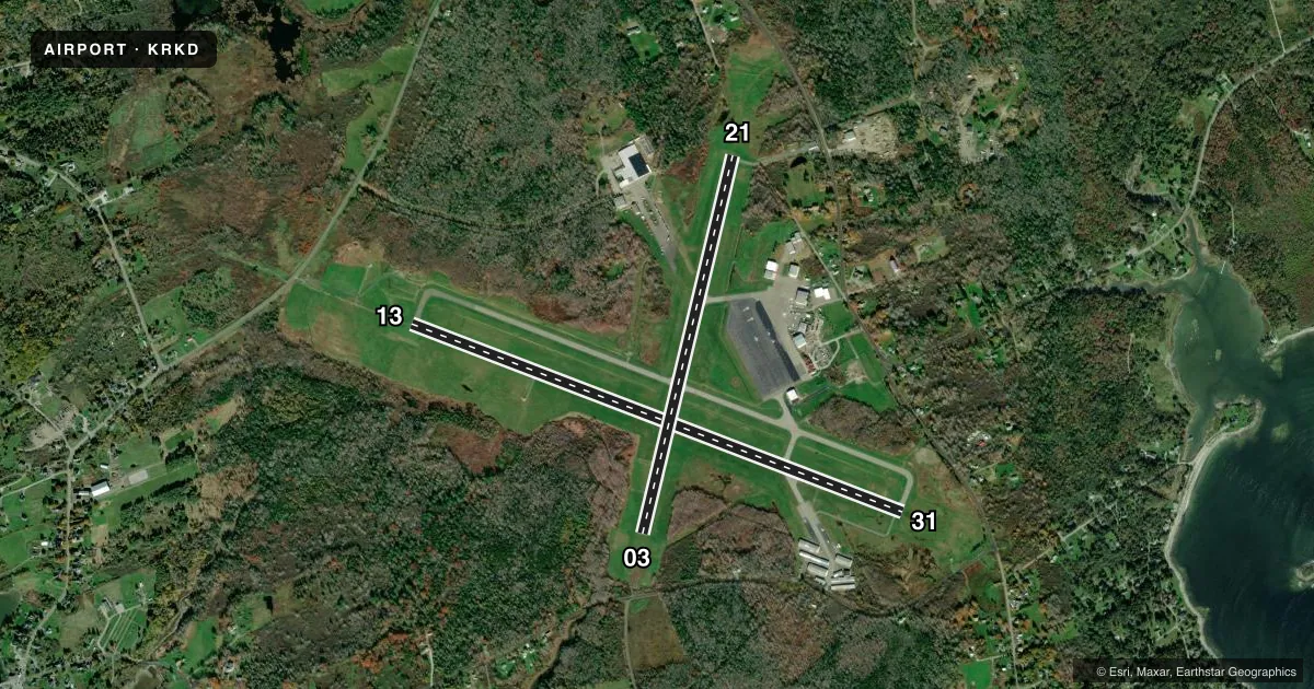 Top-down satellite sketch of KRKD KNOX COUNTY RGNL in ROCKLAND, MAINE, showing runways 13/31, 03/21 drawn to scale over Esri World Imagery