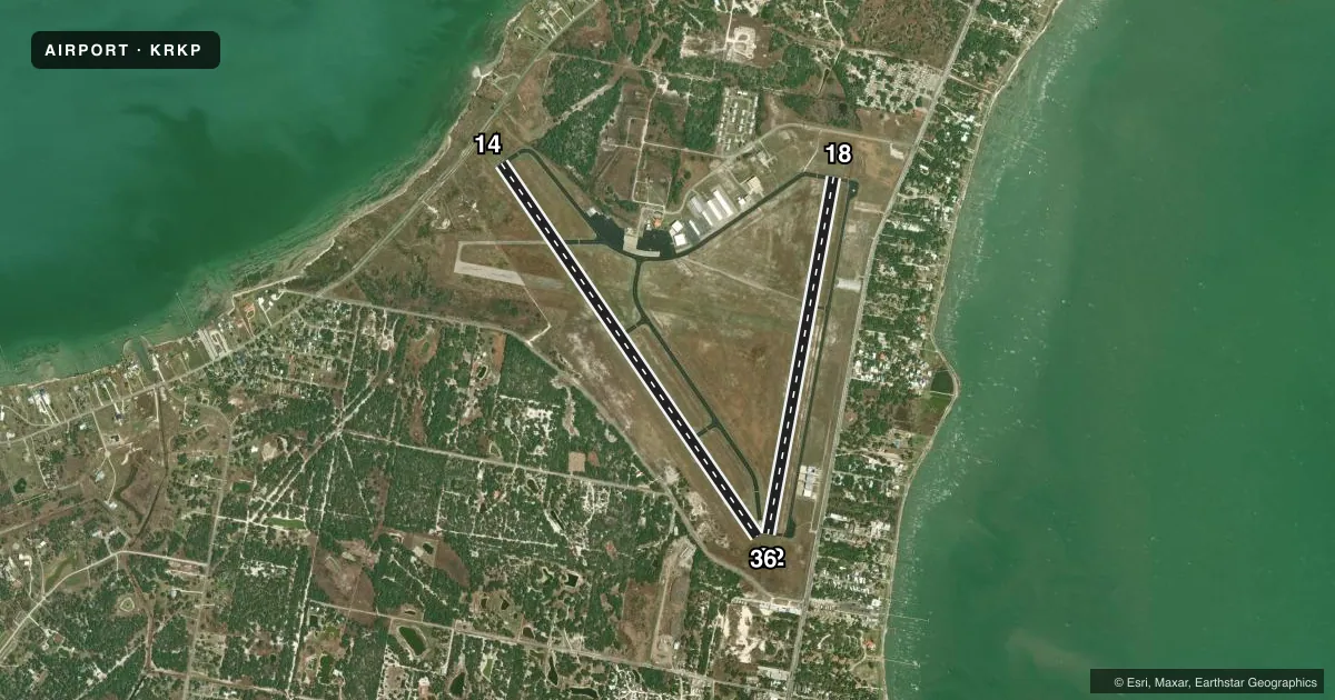 Top-down satellite sketch of KRKP ARANSAS COUNTY in ROCKPORT, TEXAS, showing runways 14/32, 18/36 drawn to scale over Esri World Imagery