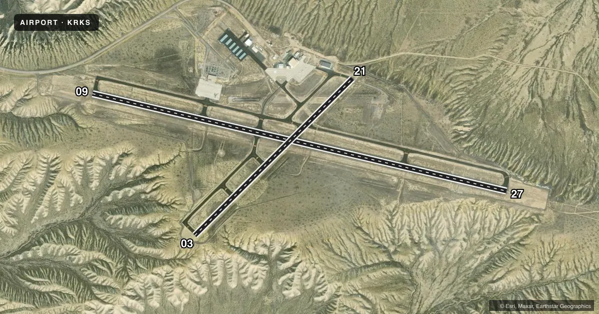 Top-down satellite sketch of KRKS SOUTHWEST WYOMING RGNL in ROCK SPRINGS, WYOMING, showing runways 09/27, 03/21 drawn to scale over Esri World Imagery