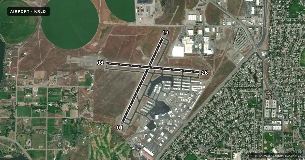 Top-down satellite sketch of KRLD RICHLAND in RICHLAND, WASHINGTON, showing runways 01/19, 08/26 drawn to scale over Esri World Imagery