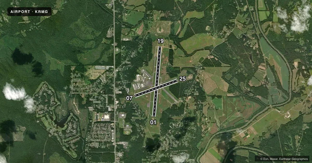 Top-down satellite sketch of KRMG RICHARD B RUSSELL RGNL - J H TOWERS FLD in ROME, GEORGIA, showing runways 01/19, 07/25 drawn to scale over Esri World Imagery