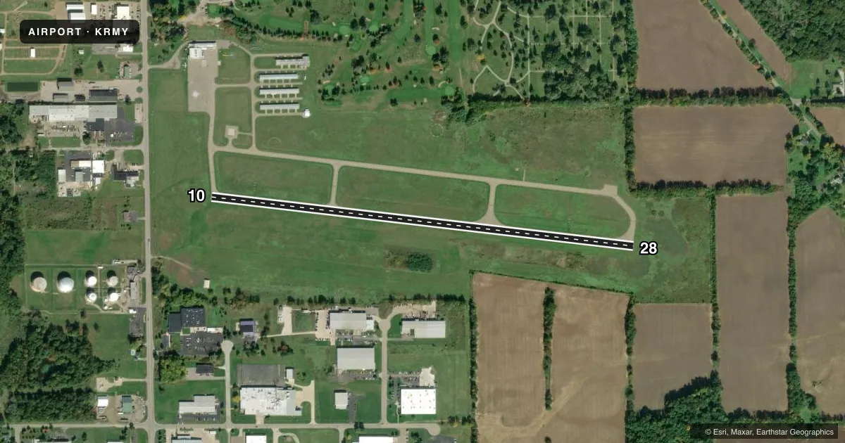 Top-down satellite sketch of KRMY BROOKS FLD in MARSHALL, MICHIGAN, showing runways 10/28 drawn to scale over Esri World Imagery