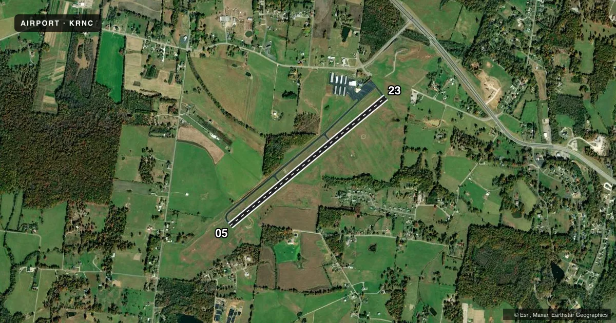 Top-down satellite sketch of KRNC WARREN COUNTY MEML in MC MINNVILLE, TENNESSEE, showing runways 05/23 drawn to scale over Esri World Imagery