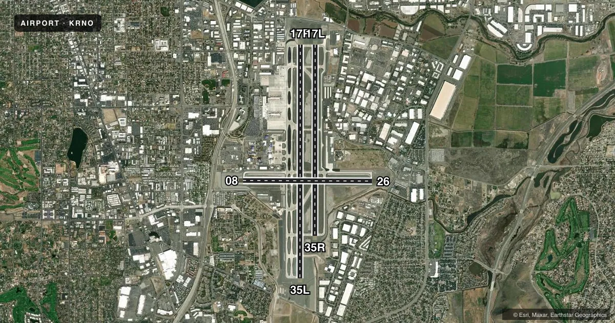 Top-down satellite sketch of KRNO RENO/TAHOE INTL in RENO, NEVADA, showing runways 17R/35L, 17L/35R, 08/26 drawn to scale over Esri World Imagery