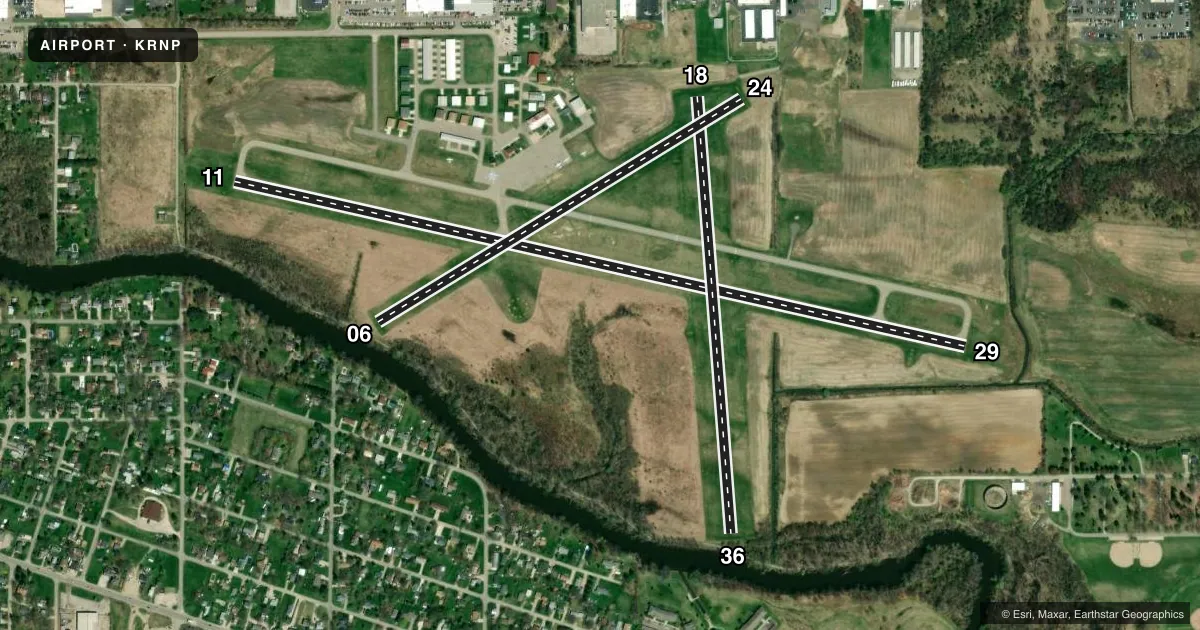 Top-down satellite sketch of KRNP OWOSSO COMMUNITY in OWOSSO, MICHIGAN, showing runways 11/29, 18/36, 06/24 drawn to scale over Esri World Imagery