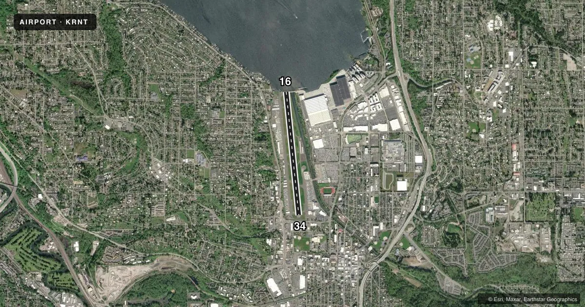 Top-down satellite sketch of KRNT RENTON MUNI in RENTON, WASHINGTON, showing runways 16/34 drawn to scale over Esri World Imagery