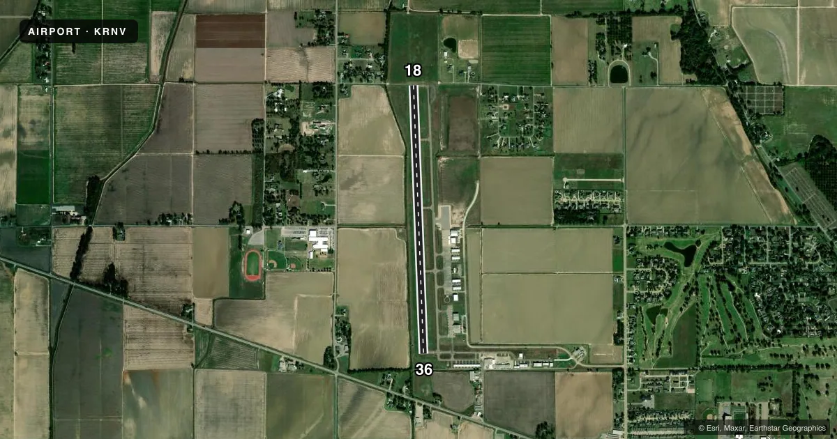 Top-down satellite sketch of KRNV CLEVELAND MUNI in CLEVELAND, MISSISSIPPI, showing runways 18/36 drawn to scale over Esri World Imagery