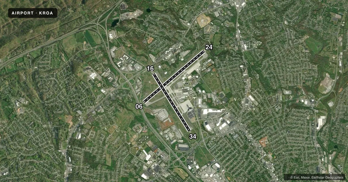 Top-down satellite sketch of KROA ROANOKE/BLACKSBURG RGNL (WOODRUM FLD) in ROANOKE, VIRGINIA, showing runways 06/24, 16/34 drawn to scale over Esri World Imagery