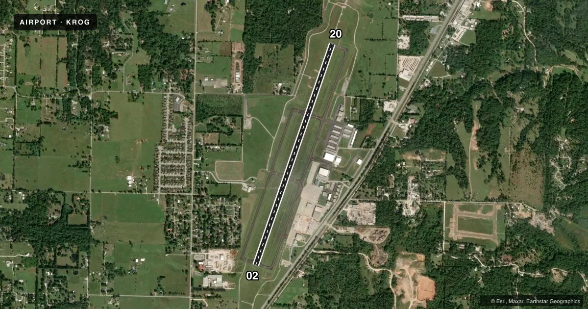 Top-down satellite sketch of KROG ROGERS EXEC - CARTER FLD in ROGERS, ARKANSAS, showing runways 02/20 drawn to scale over Esri World Imagery