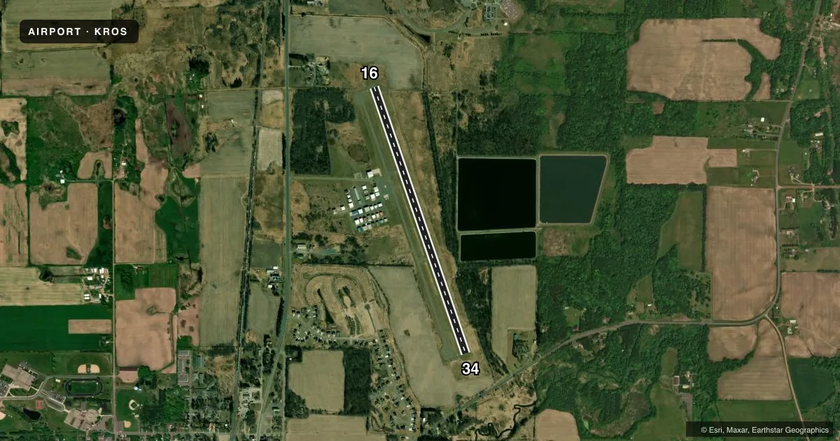 Top-down satellite sketch of KROS RUSH CITY RGNL in RUSH CITY, MINNESOTA, showing runways 16/34 drawn to scale over Esri World Imagery