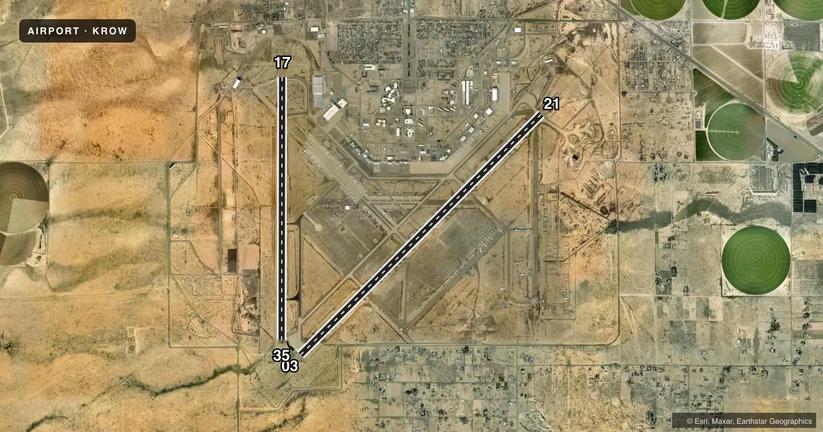 Top-down satellite sketch of KROW ROSWELL AIR CENTER in ROSWELL, NEW MEXICO, showing runways 03/21, 17/35 drawn to scale over Esri World Imagery