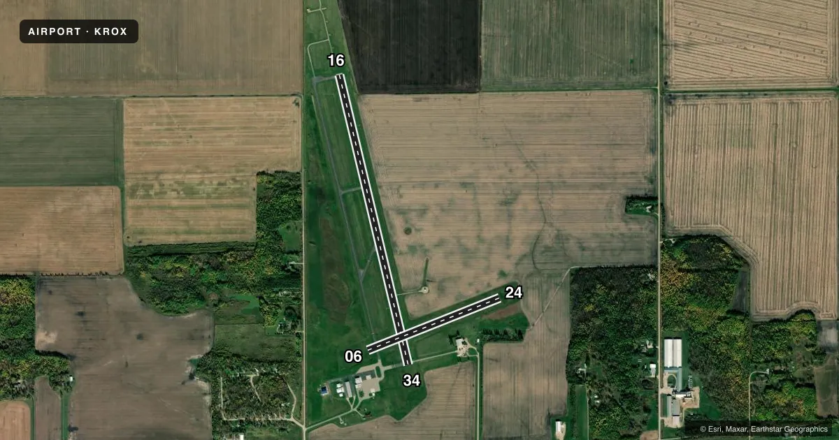 Top-down satellite sketch of KROX ROSEAU MUNI/RUDY BILLBERG FLD in ROSEAU, MINNESOTA, showing runways 16/34, 06/24 drawn to scale over Esri World Imagery