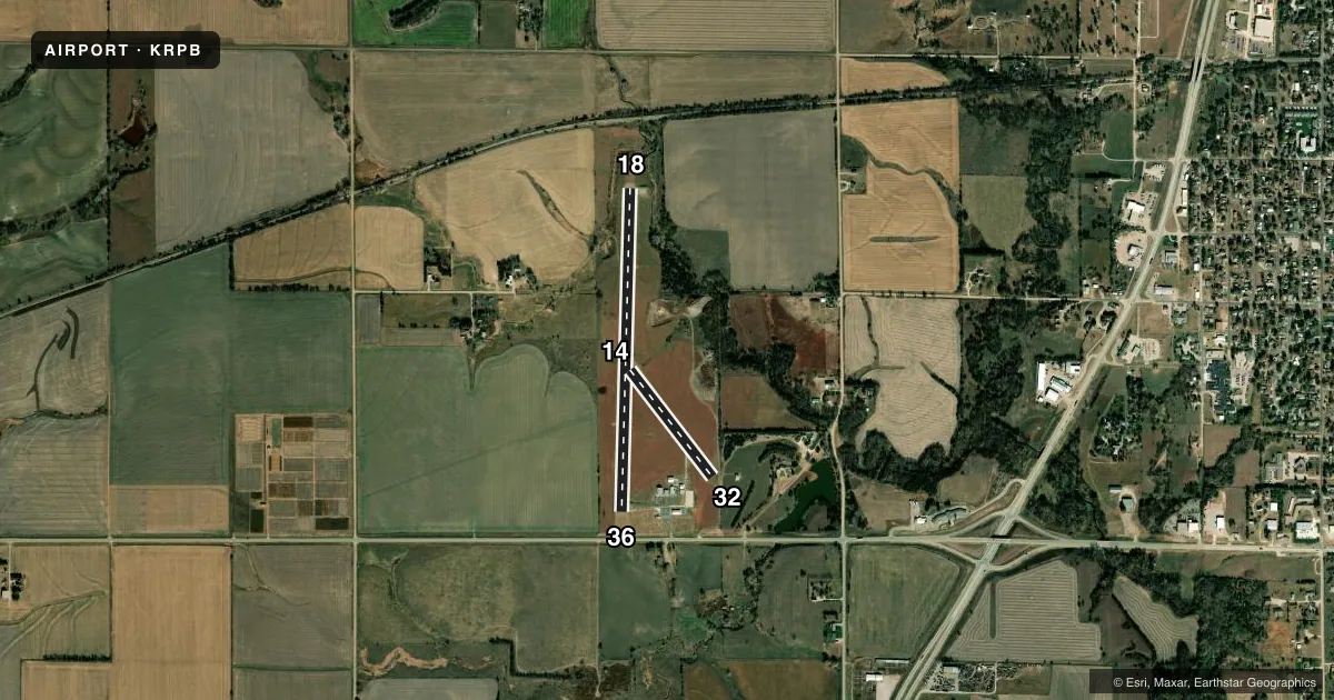 Top-down satellite sketch of KRPB BELLEVILLE MUNI in BELLEVILLE, KANSAS, showing runways 18/36, 14/32 drawn to scale over Esri World Imagery