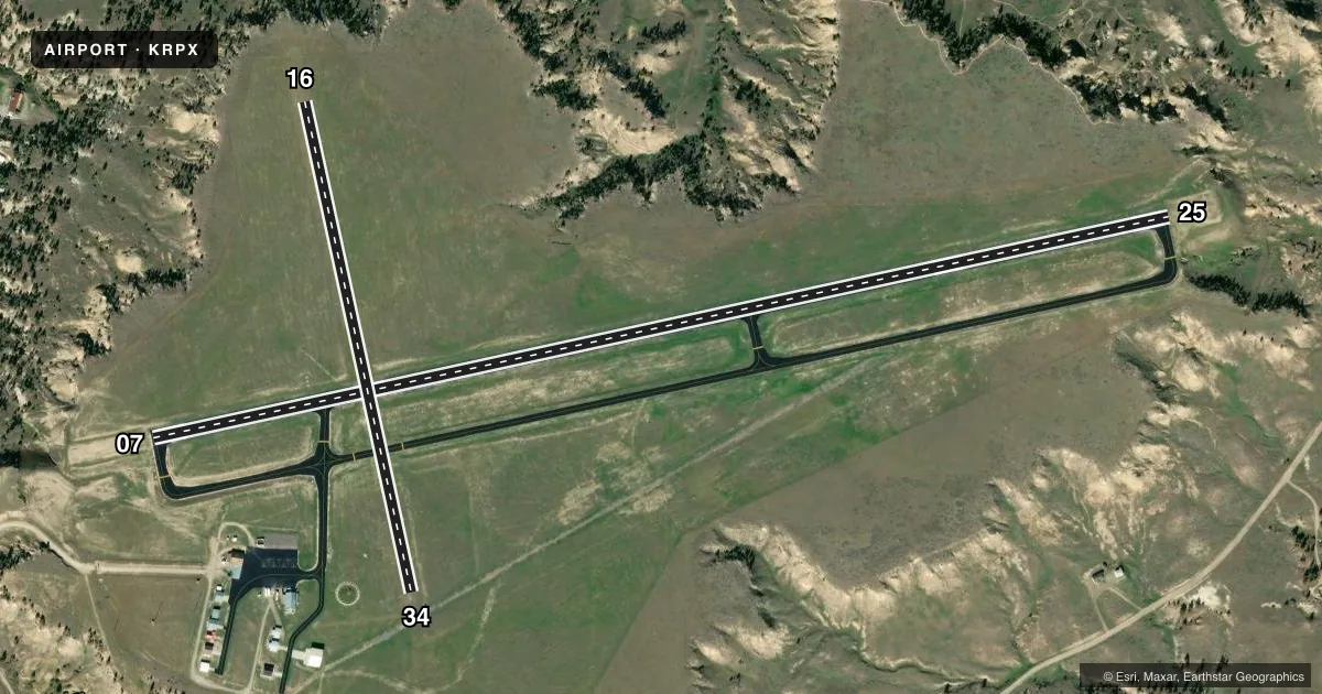 Top-down satellite sketch of KRPX ROUNDUP in ROUNDUP, MONTANA, showing runways 07/25, 16/34 drawn to scale over Esri World Imagery