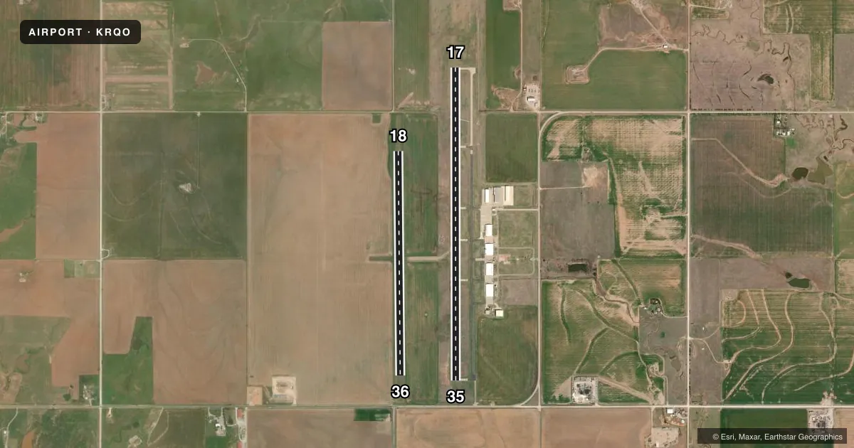 Top-down satellite sketch of KRQO EL RENO RGNL in EL RENO, OKLAHOMA, showing runways 17/35, 18/36 drawn to scale over Esri World Imagery