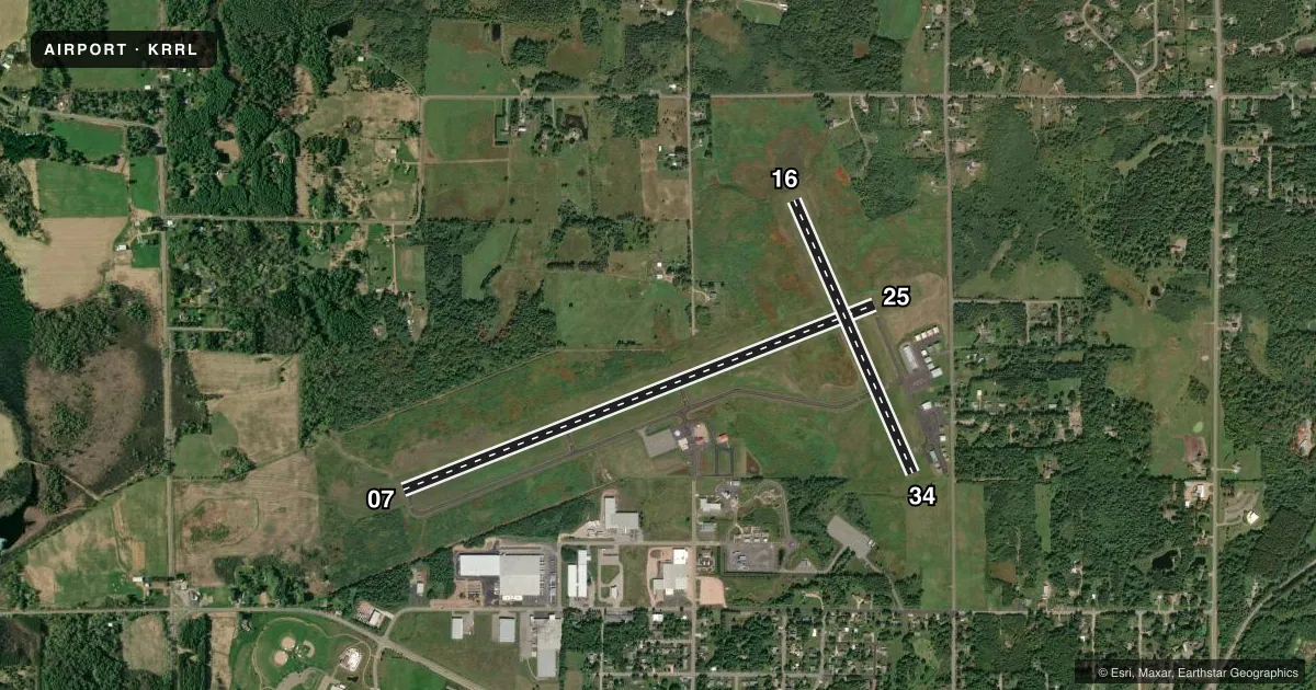 Top-down satellite sketch of KRRL MERRILL MUNI in MERRILL, WISCONSIN, showing runways 07/25, 16/34 drawn to scale over Esri World Imagery