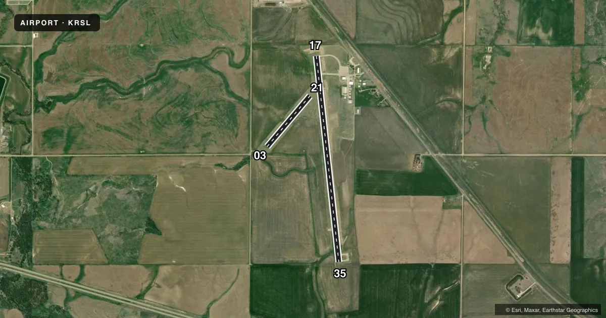 Top-down satellite sketch of KRSL RUSSELL MUNI in RUSSELL, KANSAS, showing runways 17/35, 03/21 drawn to scale over Esri World Imagery