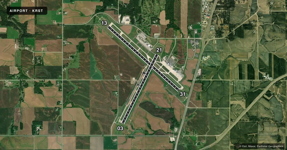 Top-down satellite sketch of KRST ROCHESTER INTL in ROCHESTER, MINNESOTA, showing runways 13/31, 03/21 drawn to scale over Esri World Imagery