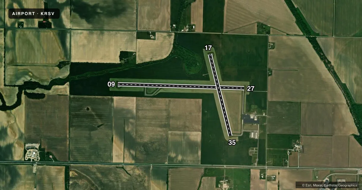 Top-down satellite sketch of KRSV CRAWFORD COUNTY in ROBINSON, ILLINOIS, showing runways 09/27, 17/35 drawn to scale over Esri World Imagery