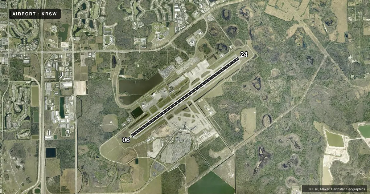 Top-down satellite sketch of KRSW SOUTHWEST FLORIDA INTL in FORT MYERS, FLORIDA, showing runways 06/24 drawn to scale over Esri World Imagery