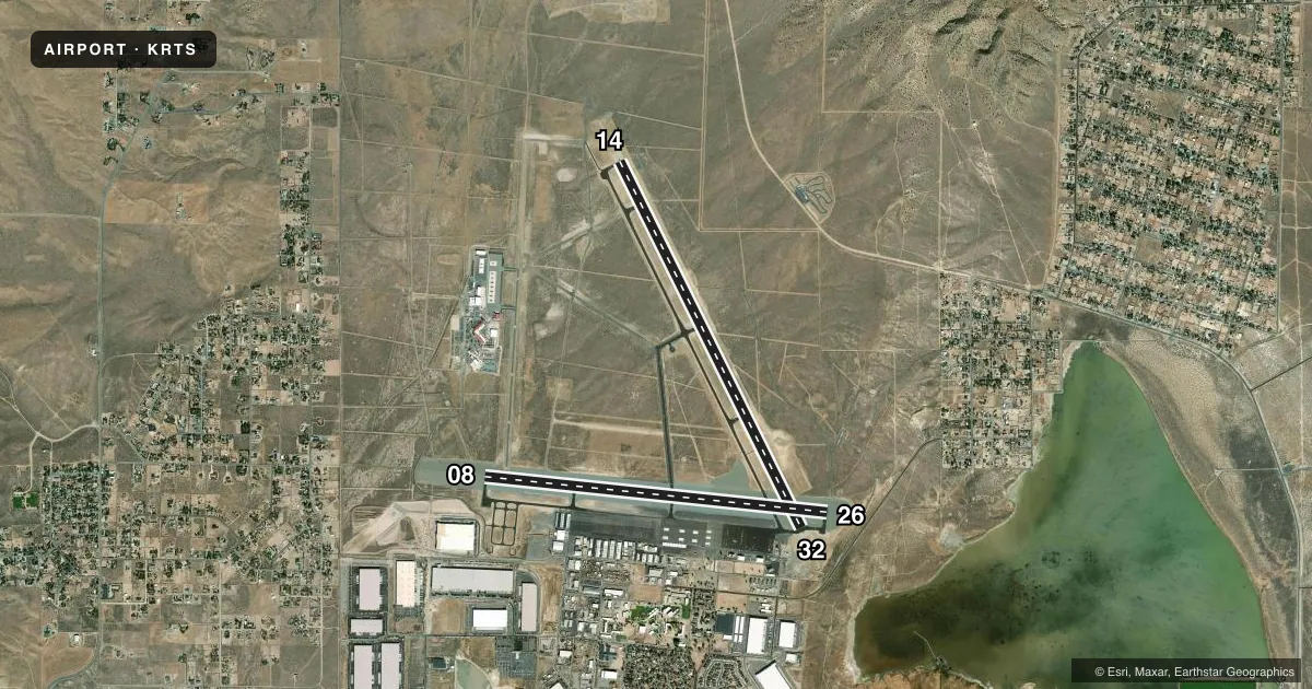 Top-down satellite sketch of KRTS RENO/STEAD in RENO, NEVADA, showing runways 14/32, 08/26 drawn to scale over Esri World Imagery