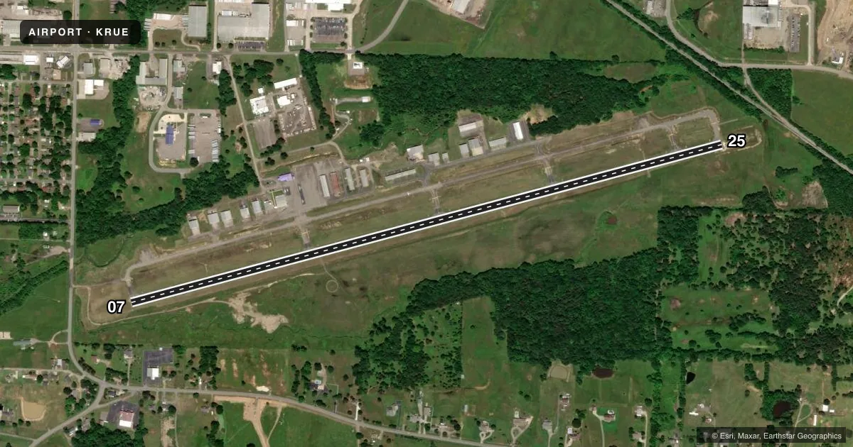 Top-down satellite sketch of KRUE RUSSELLVILLE RGNL in RUSSELLVILLE, ARKANSAS, showing runways 07/25 drawn to scale over Esri World Imagery
