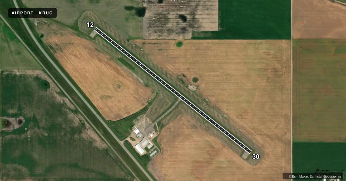 Top-down satellite sketch of KRUG RUGBY MUNI in RUGBY, NORTH DAKOTA, showing runways 12/30 drawn to scale over Esri World Imagery