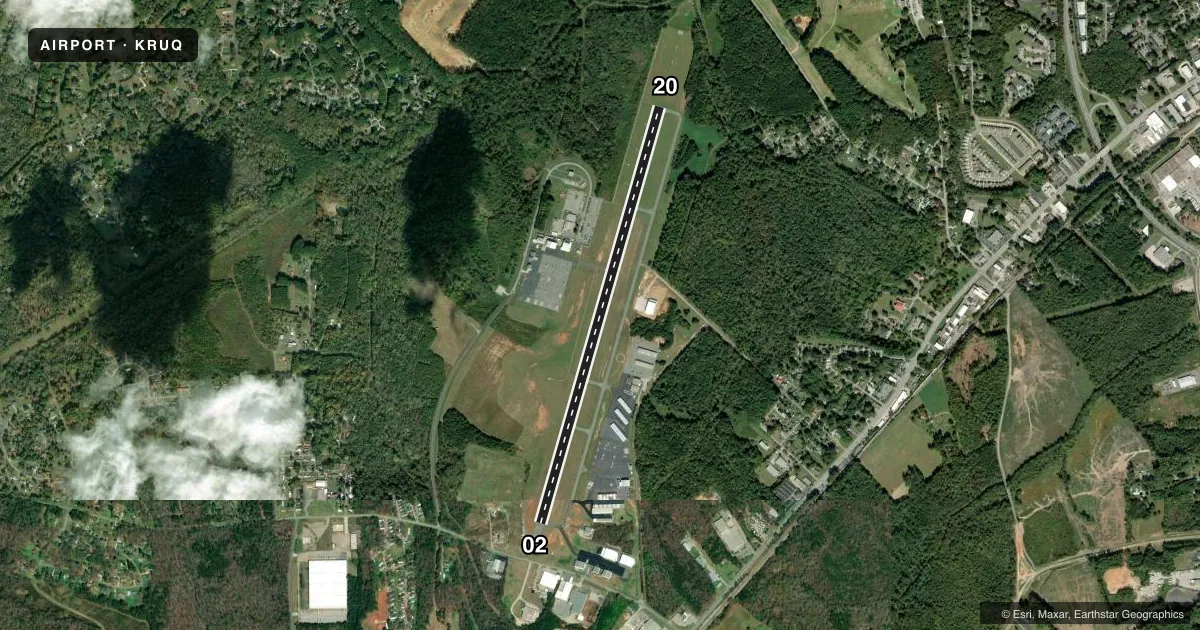 Top-down satellite sketch of KRUQ MID-CAROLINA RGNL in SALISBURY, NORTH CAROLINA, showing runways 02/20 drawn to scale over Esri World Imagery