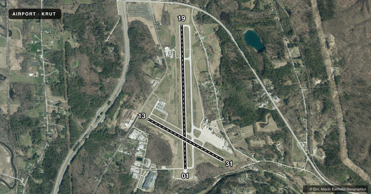 Top-down satellite sketch of KRUT RUTLAND/SOUTHERN VERMONT RGNL in RUTLAND, VERMONT, showing runways 01/19, 13/31 drawn to scale over Esri World Imagery