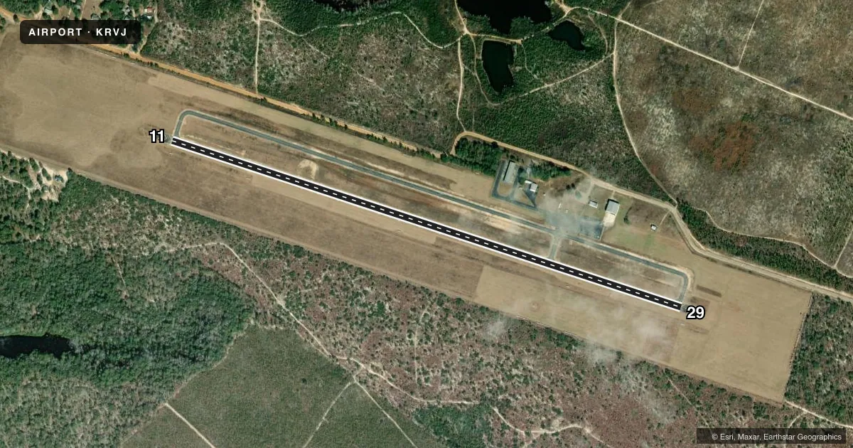 Top-down satellite sketch of KRVJ SWINTON SMITH FLD AT REIDSVILLE MUNI in REIDSVILLE, GEORGIA, showing runways 11/29 drawn to scale over Esri World Imagery