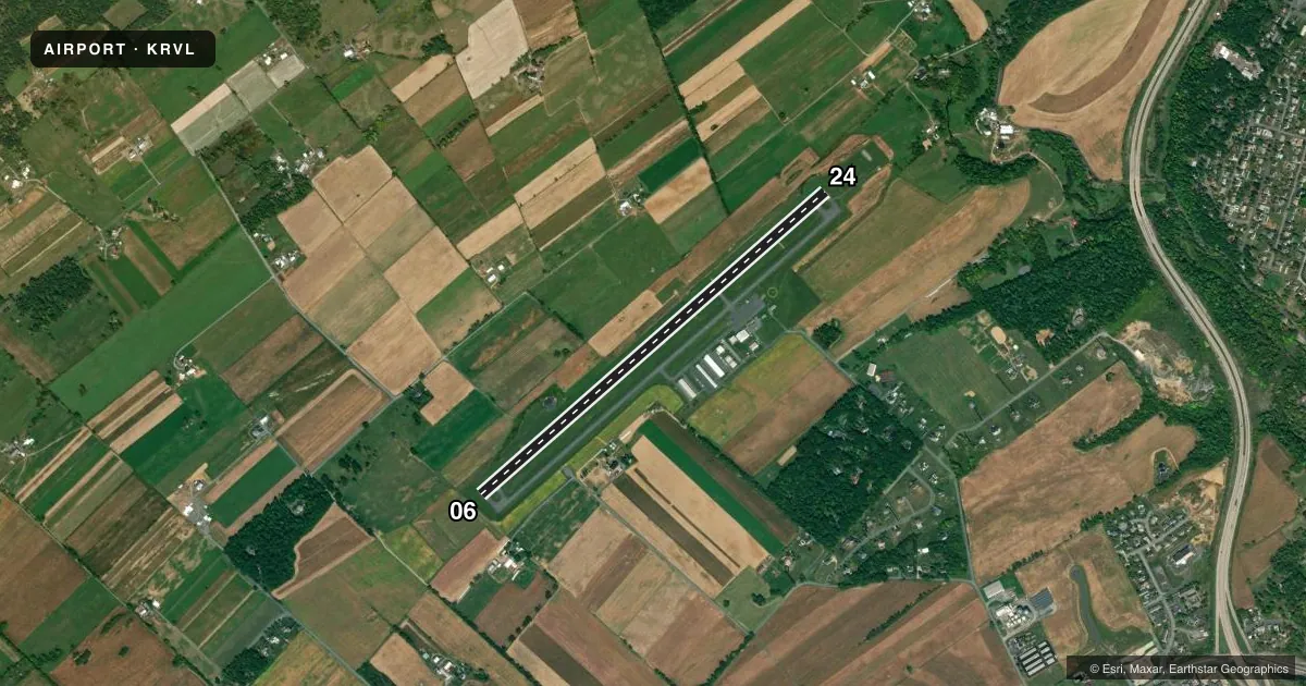 Top-down satellite sketch of KRVL MIFFLIN COUNTY in REEDSVILLE, PENNSYLVANIA, showing runways 06/24 drawn to scale over Esri World Imagery
