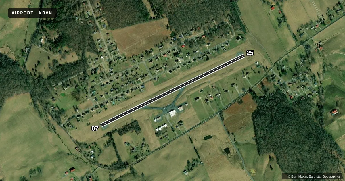 Top-down satellite sketch of KRVN HAWKINS COUNTY in ROGERSVILLE, TENNESSEE, showing runways 07/25 drawn to scale over Esri World Imagery