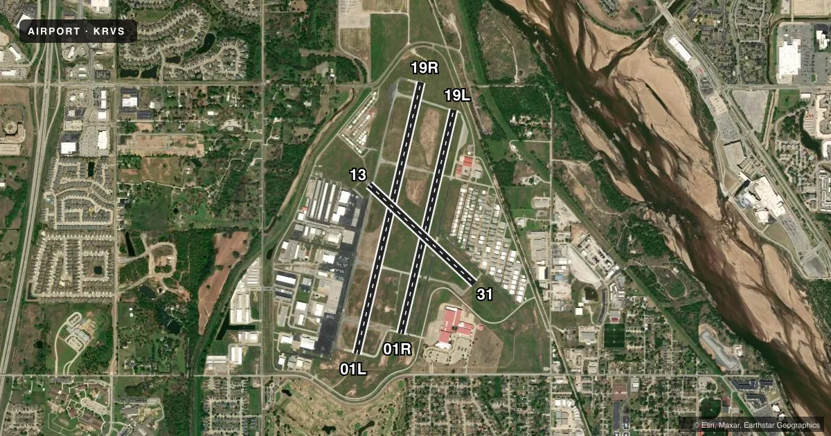 Top-down satellite sketch of KRVS TULSA RIVERSIDE in TULSA, OKLAHOMA, showing runways 01L/19R, 01R/19L, 13/31 drawn to scale over Esri World Imagery