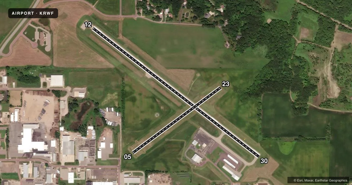 Top-down satellite sketch of KRWF REDWOOD FALLS MUNI in REDWOOD FALLS, MINNESOTA, showing runways 12/30, 05/23 drawn to scale over Esri World Imagery