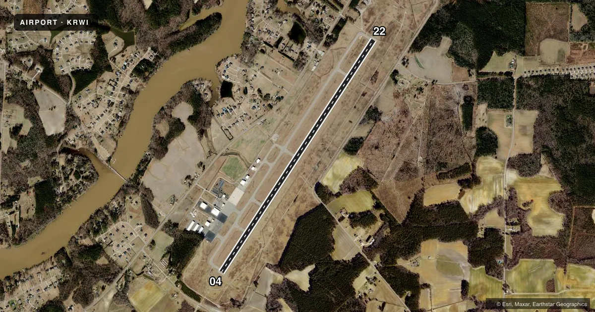 Top-down satellite sketch of KRWI ROCKY MOUNT/WILSON RGNL in ROCKY MOUNT, NORTH CAROLINA, showing runways 04/22 drawn to scale over Esri World Imagery