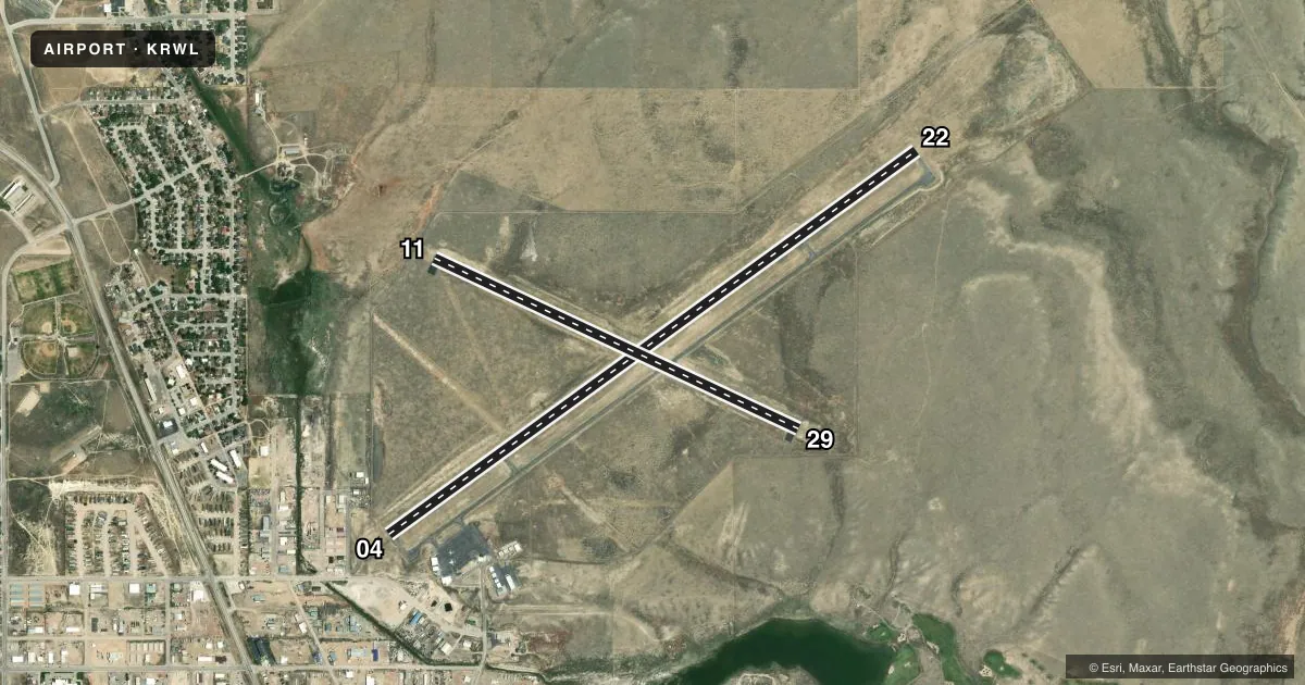 Top-down satellite sketch of KRWL RAWLINS MUNI/HARVEY FLD in RAWLINS, WYOMING, showing runways 04/22, 11/29 drawn to scale over Esri World Imagery